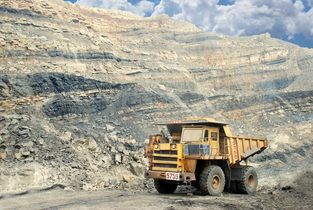 a construction truck in a barren landscape